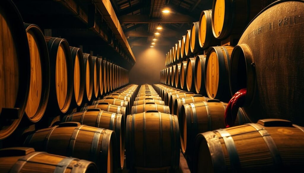 Fine wine aging in oak barrels